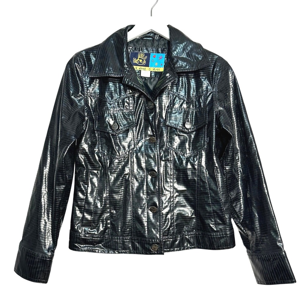 Vintage Y2K Mudd Glossy Faux Leather Crocodile Embossed Trucker Jacket Black S